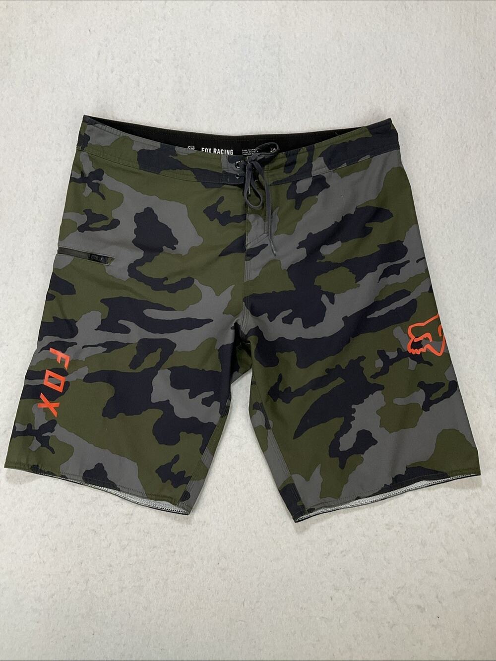 Fox Racing Camo Board Shorts Mens 38 Swim Trunks Drawstring Orange Fox Logos